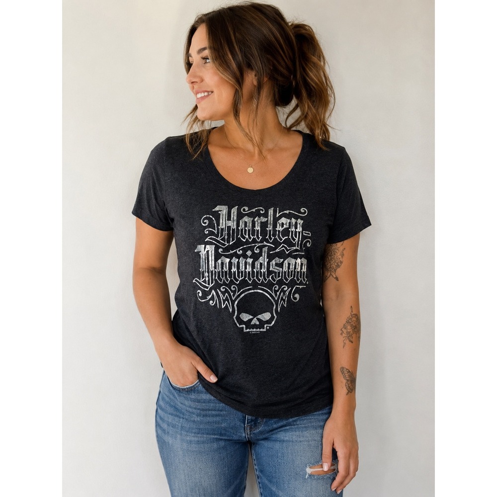 Harley-Davidson Womens Zion Washington UT Skull Graphic T-Shirt Charcoal Gray L - Picture 1 of 5